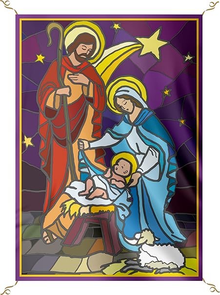 Porras E&B Balconera Navidad Colgaduras niño Jesus Dios ha Nacido Feliz Navidad Vidriera Navidad (70 X 100 cm) Tela Blanca