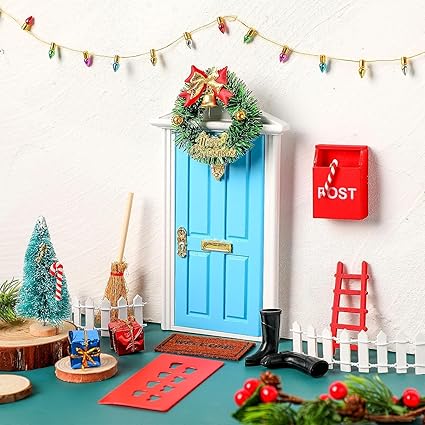 Juego de Puerta Elfo Navidad, Elfo Puerta Accesorios Navidad Accesorios Puerta de Gnomo, Kit Puerta Elfo Navidad Decoración, Miniatura Elfo Gnomos Casa Navideños con Corona de Navidad Escoba Buzón