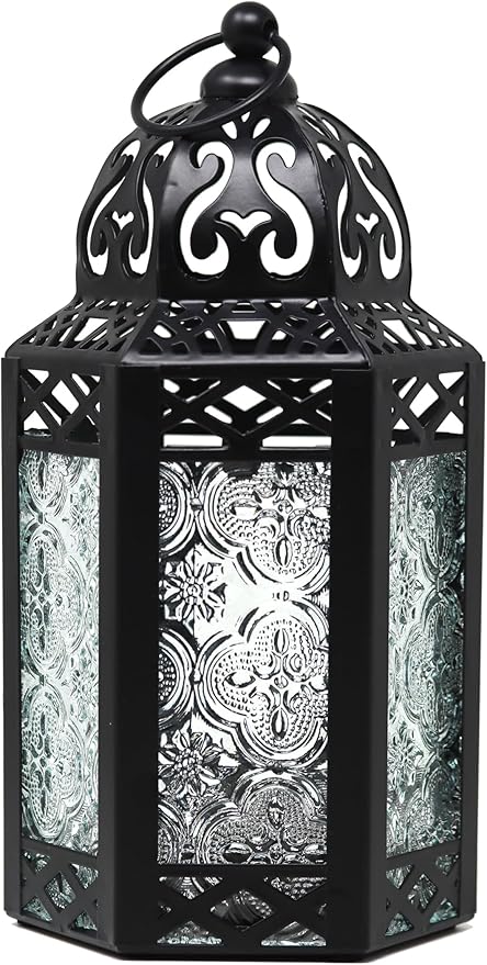 Vela Lanterns Pequeña lámpara Decorativa de Metal Negro con Farol marroquí, portavelas, Interior/Exterior, decoración del hogar, Patio, Bodas, Navidad, Transparente