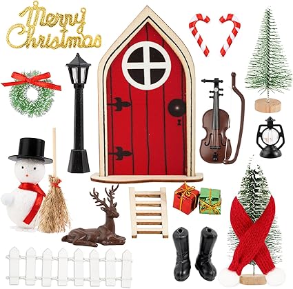 BOFUNX Juego de Puerta de Duende Elfo Gnomo Navidad Mini Adornos Navideños Miniatura de Resina Figuritas Navideñas Accesorios para Micro Paisaje Decoración Navidad Hogar DIY Manualidad