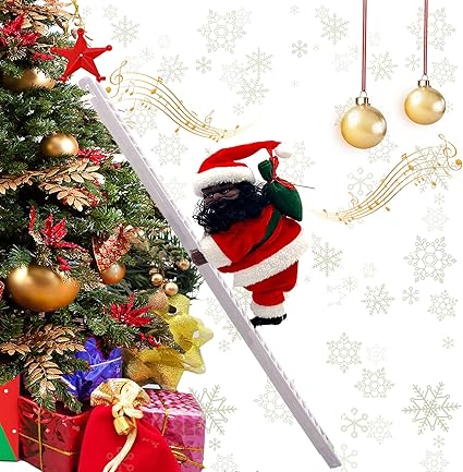 Escalera eléctrica de Papá Noel y Papá Noel africano para subir y bajar con música cantando Santa Novedad divertida LED de Papá Noel para decoración colgante de árbol de Navidad (escalera blanca)