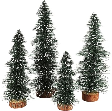 IUIBMI Juego de 4 árboles de árbol de Navidad con base de madera y pinos en miniatura de nieve, árboles de sisal esmerilado artificial para decoración de mesa de Navidad, hogar, color verde