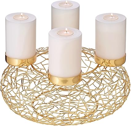 EDZARD Corona de adviento Milano, Acero Inoxidable niquelado, Color Oro, diseño de Rama, diámetro 28 cm, para Velas de 6 cm de diámetro