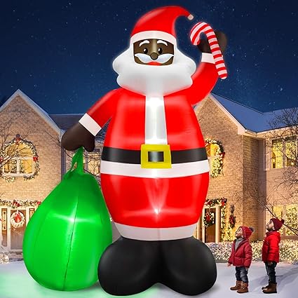 TURNMEON Inflables gigantes de Navidad de 14 pies, Papá Noel negro, decoraciones al aire libre, sostiene bolsa de regalo y bastón de caramelo, luces LED integradas, decoración inflable de Navidad,