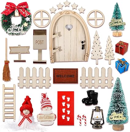 Kit Puerta Elfo Navidad Decoración 30 Piezas,Elfo Puerta Accesorios Navidad,Puerta de Duende de Navidad Accesorios Miniatura Elfo Gnomos Casa Navideños,Juego de Regalo Manualidades Navidad para Niños