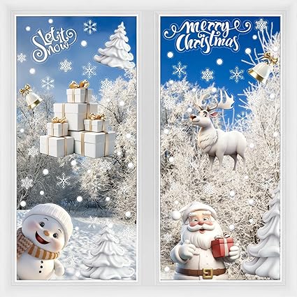 VEYLIN Decoración navideña para ventana, calcomanías de Navidad para ventana, calcomanías estáticas de copos de nieve, calcomanías de ventana de Navidad para ventana de Navidad (8 hojas)