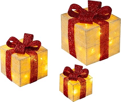 ¡Bambelaa! Cajas de Regalo Led Decoración con Luz - Set de 3 incl. Función Temporizador - Decoración Navideña Decoración Navideña Iluminación (Amarillo)
