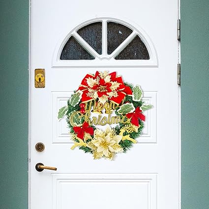 BOFUNX Corona de Navidad para Puertas Corona Navideña Adorno Decorativa con Feliz Navidad Flor Pascua Campana Lazo Decoración para Colgar de Puerta Pared Hogar de Navidad 30cm